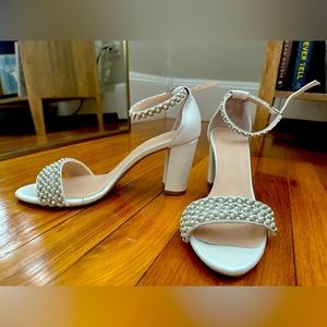 WHITE Pearl Block Heel Sandal, US 9, EU 40
